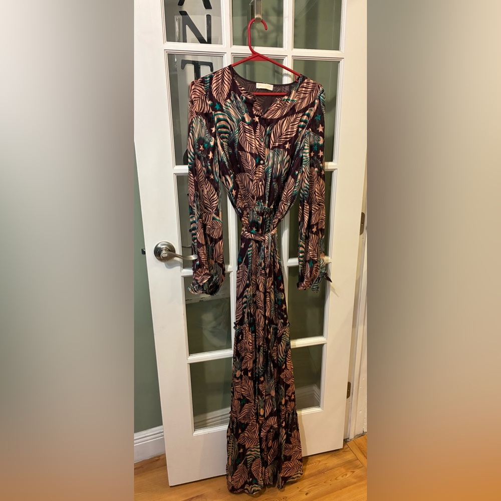 Ramy Brook NEW YORK Women's Long SleevePrint Maxi Dress in Brown & Teal Sz XS